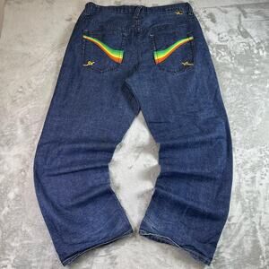 Vintage Y2K Rocawear Rainbow Embroidered Baggy Denim Jeans Size 38